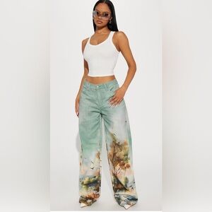 Fashion Nova Sage Green Wide Leg Scenic Print Pants